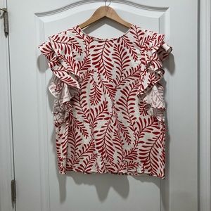Who What Wear Sea Tropical Print Linen/Rayon Ruffle Top